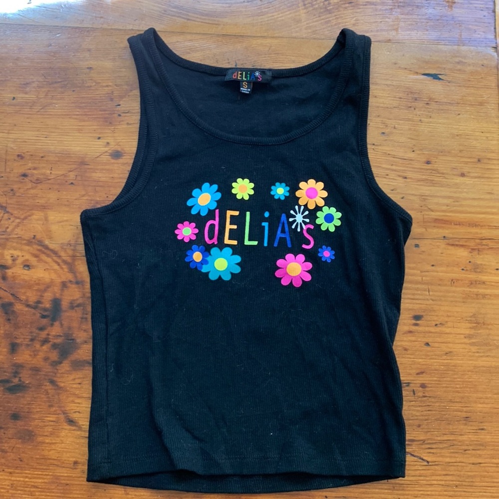 Black ribbed tank top with multicolored logo
